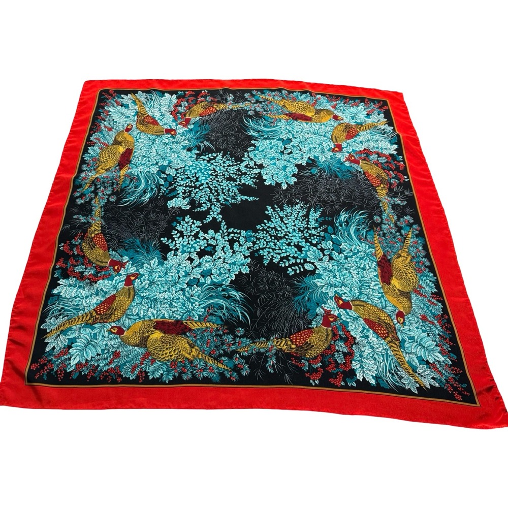 Vintage Pheasant Bird Scarf 35" Red Turquoise Satin Hand Rolled Sewn Hem Square